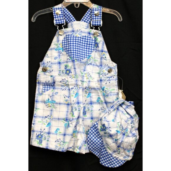 VTG 90s Rachel's Kids Blue Plaid Overalls Hat Floral Girls 4T Summer Spring - Picture 1 of 12